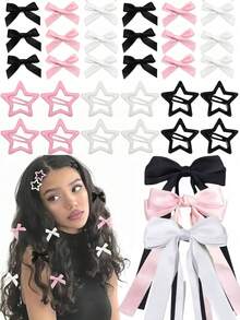 27 Stück/Set modisches Schleifen- und Stern-Haaraccessoire-Set, inklusive Stern-BB-Clips, verschiedene Größen von Schleifen-Haarclips in klassischem Schwarz, süßem Rosa und reinem Weiß - geeignet für Mädchen und Frauen, perfekt für Y2K-Alltagsoutfit, ein Muss für Modepioniere, Schulsachen, elegant, College, Winteroutfit für Frauen, Geschenke, Schleifen, niedlich, klassisch