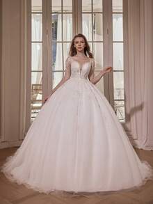 Elasola New Arrival Princess Long Sleeves Shinny Wedding Dresses Sexy Deep V Neck Bride Ivory Glitter Bridal Gown With Beading Bodice Elegant - Beige - View 2