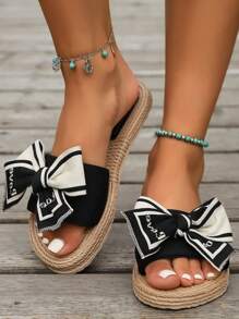 Damen Mode Sommer Leinen Schleifen Pantoffeln, EVA Sohle, atmungsaktives Material, Indoor Outdoor Sandalen, geeignet für Strand, Urlaub und Zuhause