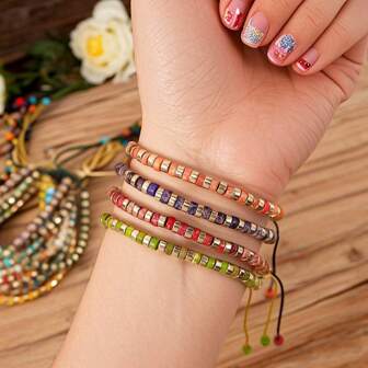 1PC Retro Simple Neutral Emperor Stone Bracelet, Bohemian Mixed Color Beaded Women's Bracelet, Stackable Cylindrical Beaded Bracelet, Flat Knot Design With Adjustable Length For Comfortable Wearing, Fashionable And Jewelry For Couples/Friends, Suitable For Daily Commuting Opportunities, Best Gift For Family And Friends, Family Gift, Birthday Gift