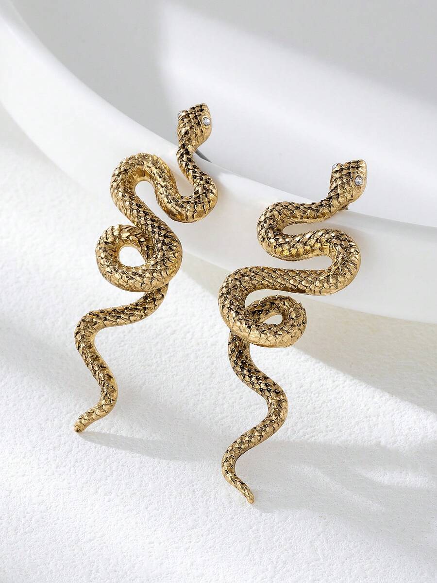 Pendientes de metal dorado con forma de serpiente vintage 2025, joyas colgantes largos para mujeres, estilo de Europa y EE.UU. - Bronce - Ver 1