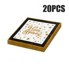 100/60/20 件 13 * 13 英寸一次性生日主题派对餐巾，带黑色边框和金色生日快乐星点图案，用于生日派对、家庭聚会、朋友聚会、情侣生日庆祝、酒店和餐厅装饰餐巾 - 黑色 - 查看 5