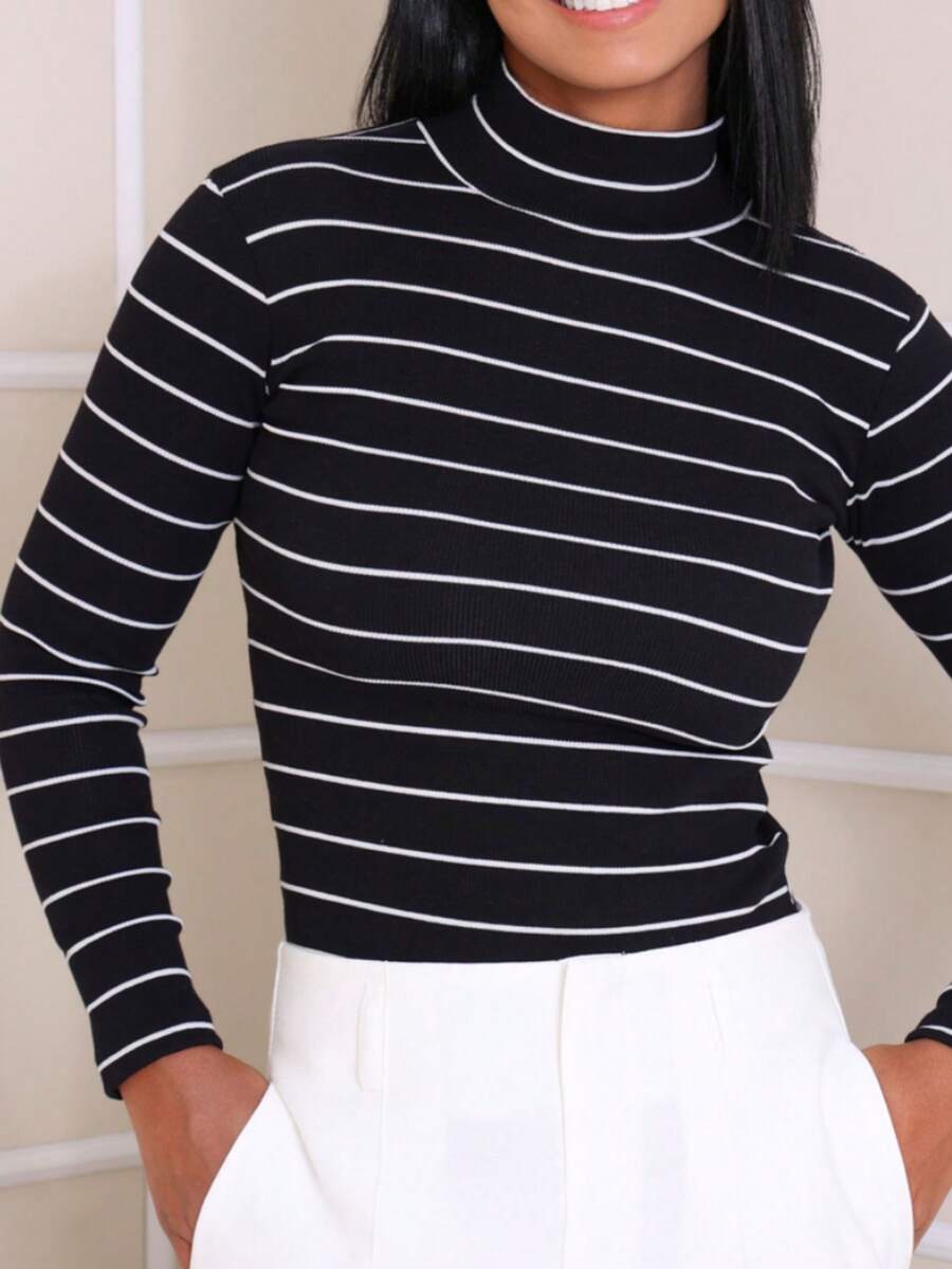 Cacharrel Turtleneck Striped Autumn And Winter Blouse - 黑與白 - 查看 1