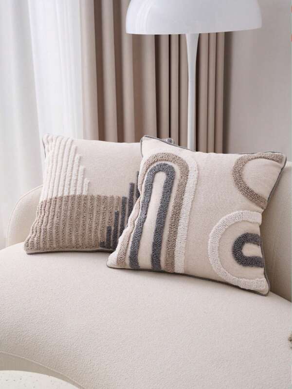 1pc/2pcs/3pcs Set Gray & White U-Shape, Line, Rhombus Pattern Throw Pillow Cover, Boho Style Plush Embroidered Ruffle Edge, Tassel Decor Cushion Cover, Nordic Style For Home, Living Room, Office Sofa, Car, Outdoor Garden, 4 Seasons, 30*50cm, 45*45cm, Random Pattern