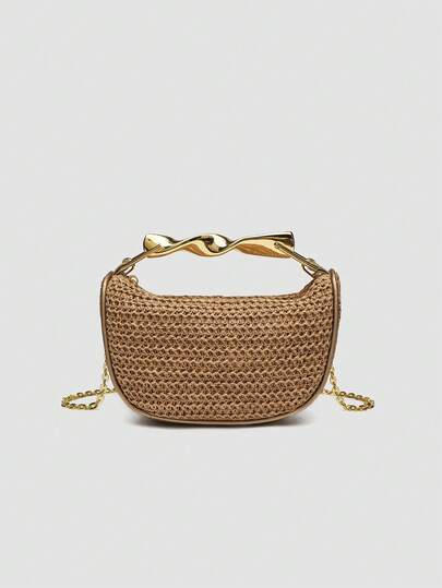 1pc Woven Summer Bag, Women Mini Crossbody Zip Woven Handbag With Metal Handle, Casual Ladies Straw Tote Shoulder Bag, Perfect For Beach Accessories, Vacation & Holiday