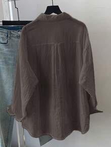 قميص بياقة منسوجة مقاس كبير، أكمام طويلة منسدلة، أزرار وجيب، طول عادي، خريفي - رمادي غامق - مشاهدة 2