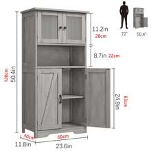 Mueble de baño de 128 cm de alto, armario de almacenamiento independiente, armario de despensa de cocina con puertas de cristal y estantes ajustables, armario de pie, armario de almacenamiento para salón, gris