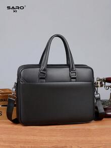 saroxi 男士公文包，经典大容量电脑包，PU 皮革简约纹理办公室/工作通勤包，适合送给丈夫的礼物，秋季 - 黑色 - 查看 3