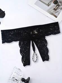 Women's Black Sexy Semi-Sheer Lace Open Crotch G-String Panty, Faux Pearls Chain Lingerie For Going Out - Black - View 4