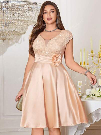 Vestido elegante de fiesta, cóctel, baile y graduación con cuello en V profundo, lentejuelas, encaje floral 3D, cintura fruncida, contraste de satén, para invitada de boda, fiesta de cumpleaños y graduación, talla grande