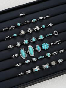 Conjunto de 44 anéis de metal com flor turquesa estilo boêmio, presentes para mulheres em datas comemorativas, acessórios para combinações diárias