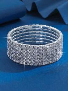 Stylish Minimalist Women Fully Rhinestoned Anklet, Super Shiny Elastic 1-5 Rows Anklets Bracelet For Birthday Wedding Party Accessories - Silver - View 7