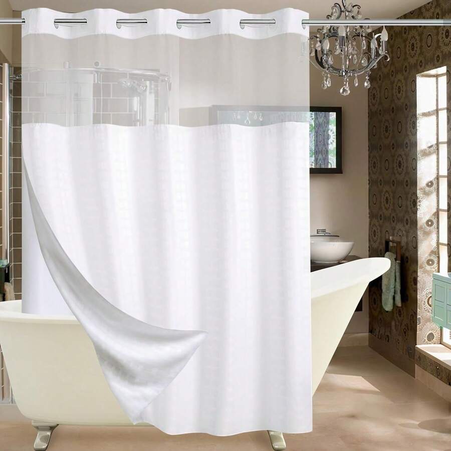 Wide Hotel Fabric Shower Curtain With Snap In Liner 108" X 74" For Bathroom Machine Washable Waterproof Repellent Shower Curtain (White 108" (W) X 74"(H)) - 格紋白色 - 查看 1