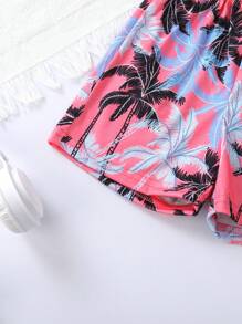 Conjunto de 4 piezas de ropa informal y linda para niño bebé, que incluye camisetas de manga corta de cuello redondo suaves, transpirables y cómodas, y shorts con estampado de árboles de coco en estilo de playa, adecuados para uso diario, vacaciones y fiestas