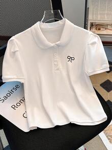 Tween Girl Bow Embroidery Back To School White Uniform T-Shirt, Saudi National Day - White - View 9