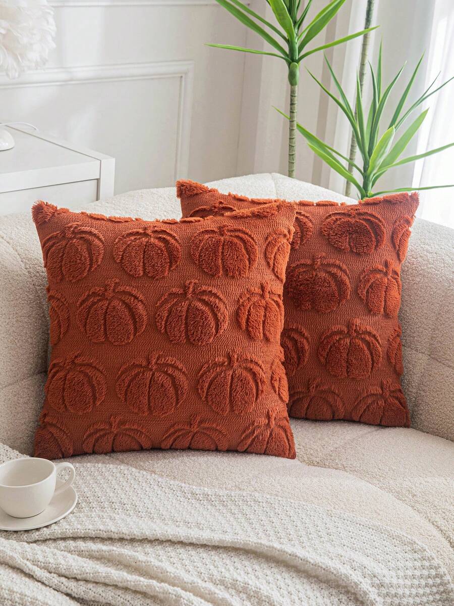 Homemorelove 1/2pcs Autumn Home Decor Curved Pumpkin Embroidered Plush Pillowcase Without Insert, Suitable For Living Room, Bedroom, Sofa, Halloween, Thanksgiving Room Decoration Pillowcase