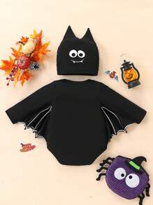 2pcs/Set Halloween Baby Costume, Black Bat Long Sleeve Romper And Bat Hat