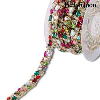 Perlon Joon 1 Yard Colorful Rhinestone Crystal Rhinestone Chain In Golden Brass Base Prong Sew On Clothing And Bridal Embellishments