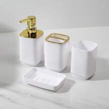 Juego de 6/4 piezas de accesorios de baño chapados en oro, reutilizables, que incluyen papelera, soporte para cepillo de inodoro, soporte para cepillo de dientes, vaso para enjuague bucal, jabonera, botella de jabón, decoración de otoño, regalo de inauguración de la casa, organizador de baño Accesorios de vuelta al colegio