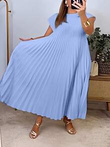 Plus Size Solid Color Pleated Dress, Fashionable For Summer - Blue - View 3