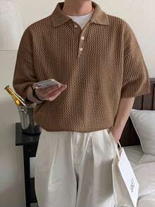 Men's Spring Summer Fashion Solid Color Knitted Top, Daily Commuting/Vacation/Cool Dad Mode - Khaki - View 1