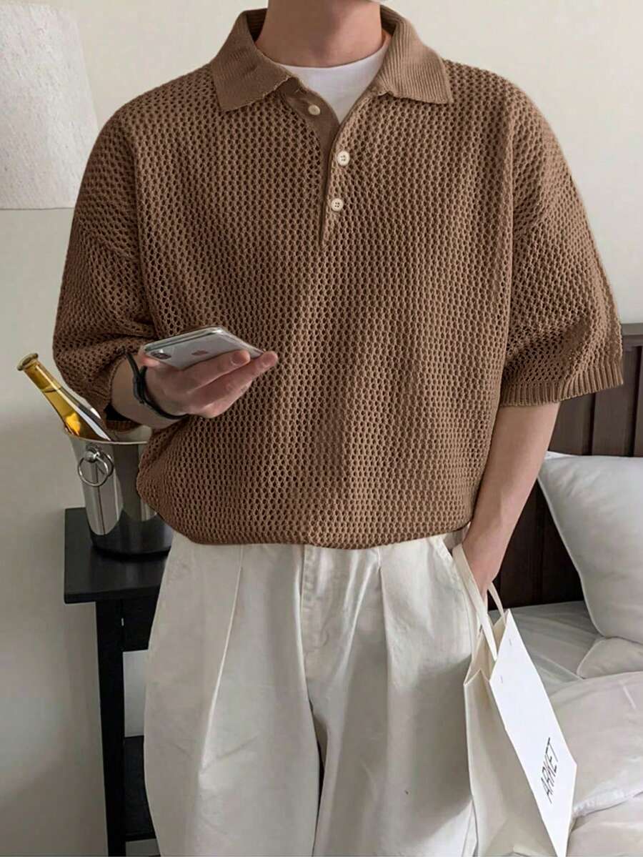 Men's Spring Summer Fashion Solid Color Knitted Top, Daily Commuting/Vacation/Cool Dad Mode - Khaki - View 1
