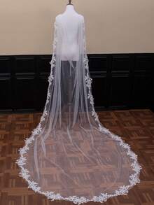 1 pieza Chal de novia con borde de encaje de cola de perla, capa nupcial de encaje de perlas falsas - Beis - Ver 4