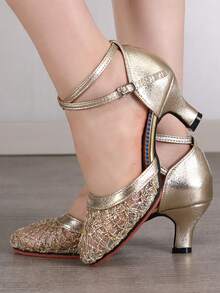 女士拉丁舞鞋露趾蕾丝亮片设计舞鞋交谊舞莎莎探戈派对练习表演舞蹈鞋