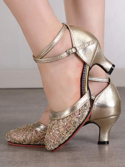 女士拉丁舞鞋露趾蕾丝亮片设计舞鞋交谊舞莎莎探戈派对练习表演舞蹈鞋