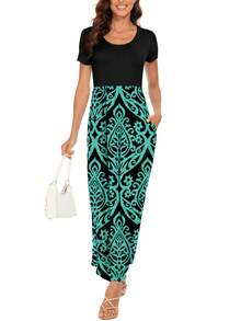 One Piece Women's Long Short Sleeve Dress, Large Round Neck Simple And Elegant Solid Color - 藍綠 - 查看 4
