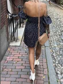 Bohemian Polka Dot One-Shoulder Floral Print Casual Mini Skirt - Black - View 3