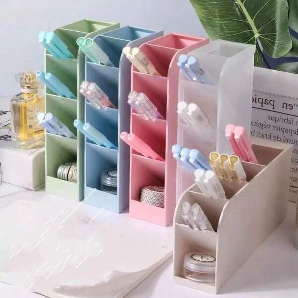 Organizador de mesa com inserção oblíqua e grade de 4 cores Macaron, porta-canetas, lápis, pincel de maquiagem, caixa de armazenamento, material escolar, volta às aulas