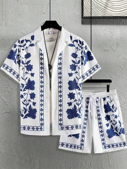 Plus Size Men's Summer Casual Tile 3D Digital Print Collared Shirt And Drawstring Waist Shorts 2 Pieces Set