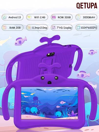 Qetupa Tableta Android 13 para niños de 7 pulgadas, procesador Quad-Core A133 de 1.6GHz, 2GB de RAM + 32GB de ROM, pantalla táctil IPS de 1024*600, batería de 3000mAh, cámara dual de 0.3MP + 2.0MP, Wi-Fi de 2.4G, incluye funda protectora a prueba de golpes. Diseño ligero y duradero con vidrio templado, lo que le permite disfrutar de entretenimiento en cualquier momento y lugar. Se puede usar para escribir y dibujar en aplicaciones como OneNote (adaptador no incluido).