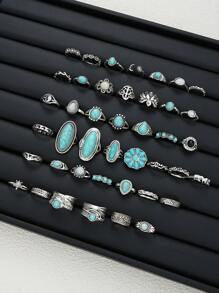 Conjunto de 44 anéis de metal com flor turquesa estilo boêmio, presentes para mulheres em datas comemorativas, acessórios para combinações diárias