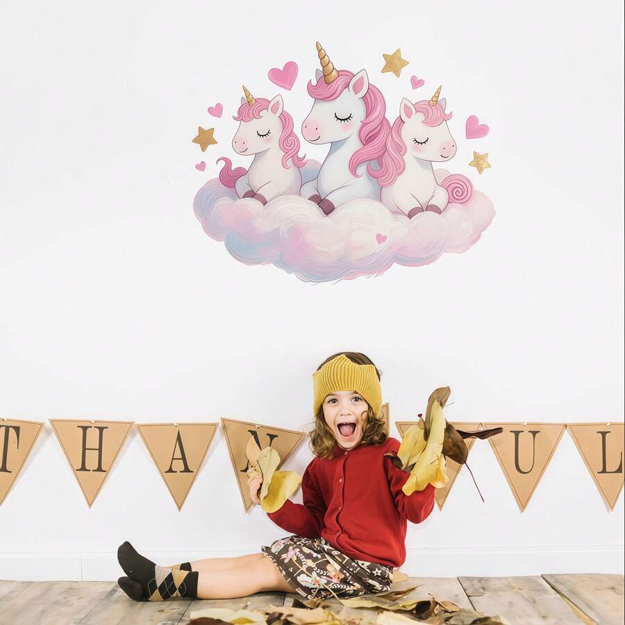1 件可爱卡通独角兽、云朵、星星墙贴花适用于卧室、客厅、入口