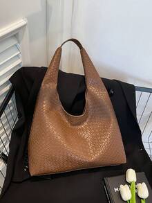 时尚女士钩编新月单肩包，PU纯色编织零钱包，腋下包，新月形包，旅行包 - 棕色 - 查看 2