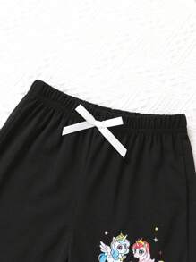 Set de 6 piezas: Conjuntos de camisetas para niñas, con estilo y lindas, de tela suave, transpirable y cómoda con estampado de dibujos animados, camiseta de cuello redondo y manga corta, y pantalones cortos deportivos decorados con lazos, adecuados para casual, diario, vacaciones y fiesta