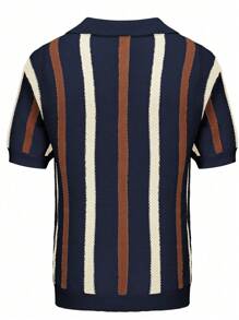 Maglia a pullover in maglia, polo a maglia casual con colori a contrasto a righe, polo a maniche corte in maglia a righe da uomo, casual, comoda, in tessuto morbido, colletto classico, abbigliamento da uomo, per uso quotidiano e all'aperto, stile versatile e alla moda
