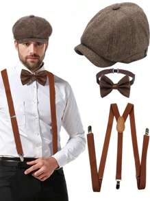 D EXCEED 3/4 pièces Accessoires pour hommes des années 1920 : Chapeau Fedora style gangster, bretelles Y-Back et nœud papillon pré-noué. Ensemble pour hommes des Années folles : Casquette Newsboy Ivy pour une fête sur le thème de Gatsby le Magnifique