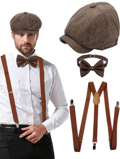 D EXCEED Juego de 2/3/4/8 piezas de accesorios para hombre de los años 20: sombrero Fedora estilo gánster, tirantes tipo Y y corbata de moño anudada previamente. Conjunto de accesorios de los años 20 para hombre con gorra tipo Newsboy/Ivy para fiesta con temática de