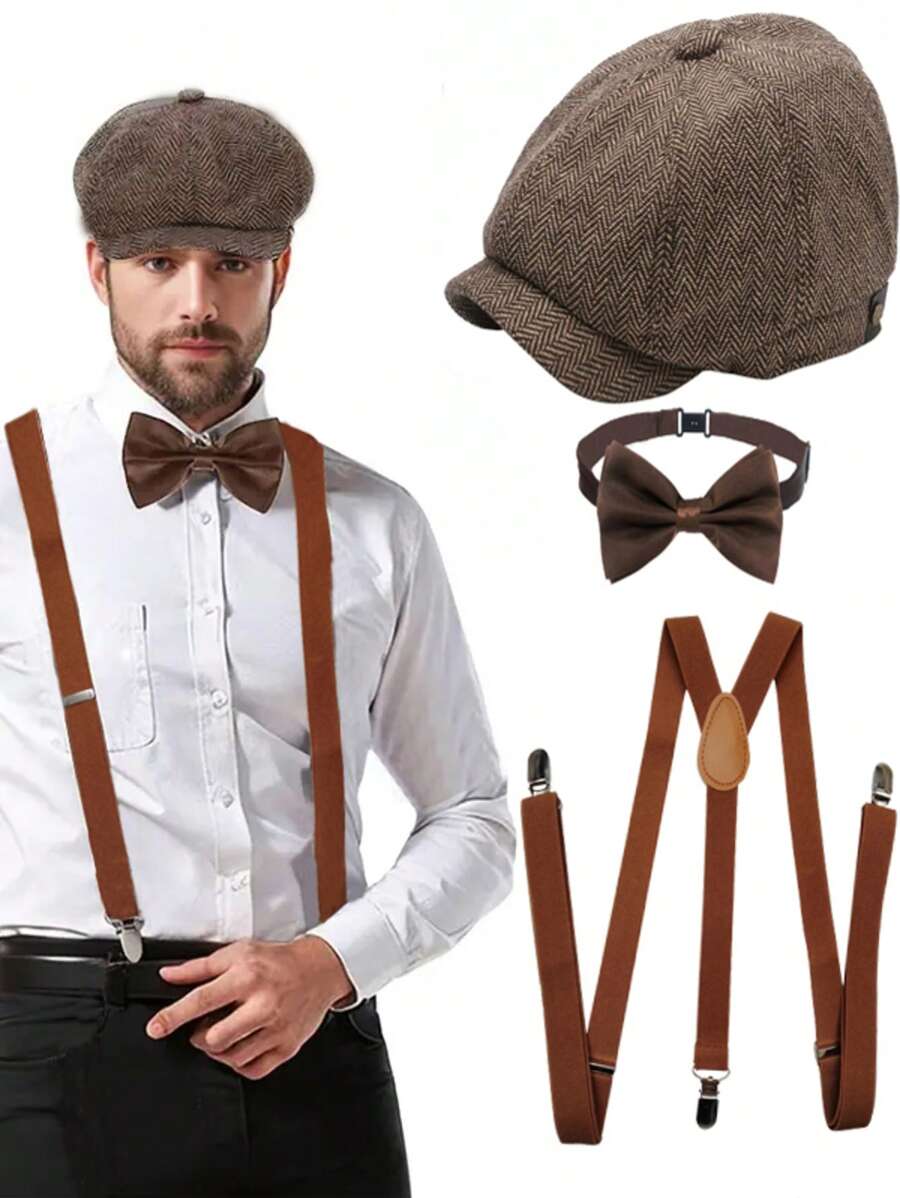 D EXCEED 3/4 pièces Accessoires pour hommes des années 1920 : Chapeau Fedora style gangster, bretelles Y-Back et nœud papillon pré-noué. Ensemble pour hommes des Années folles : Casquette Newsboy Ivy pour une fête sur le thème de Gatsby le Magnifique