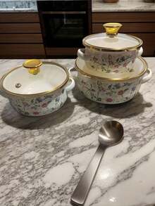 3个12-16厘米加厚金边3件珐琅迷你双耳珐琅拉面碗、锅、砂锅，适用于燃气/电磁炉，适用于婴儿、成人、儿童食品锅、汤锅、海鲜锅、拉面锅圣诞礼物；圣诞礼物万圣节礼物返校礼物、教师节礼物 - 彩色 - 查看 8