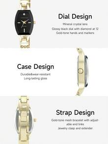 Anne Klein 女士石英手链模拟手表，钻石黑色表盘，女士金色网状手链手表，可调节末端链节，女士优雅时尚礼品手表，AK/2184BKGB