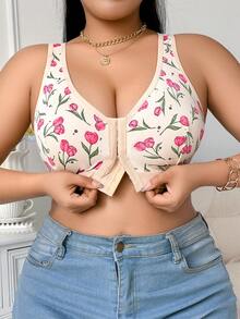 Áo ngực không gọng in họa tiết thoải mái cỡ lớn cài phía trước - Màu be - Xem 7