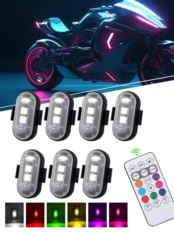2/4/6 pieza(s) Luces LED RGB motocicleta 7 colores con control remoto, luz de seguridad mini, luces de avión USB, universal para coches y motocicletas con control remoto