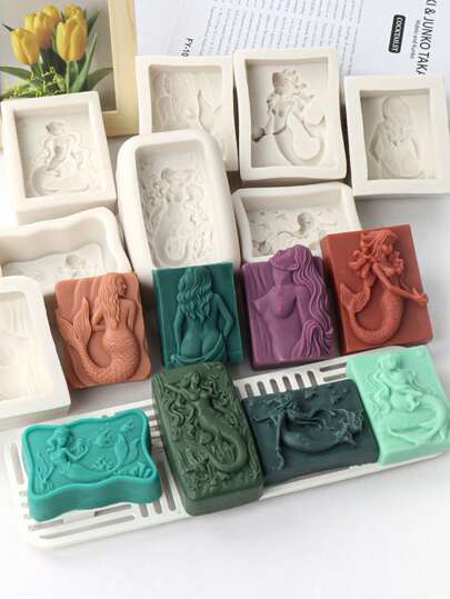 Mermaid Pattern Silicone Soap Mold - DIY Handmade Use Soap Candle Gypsum Resin To Make Soft And Easy To Release Mold, Handmade Soap Candle Making Supplies Home Decor Gifts