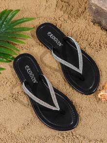 Rhinestone Flat Flip Flops Sandals, Glitter Toe Post Summer Casual Outdoor Beach Slippers, Promotion, Large Size 44 Couple Shoes - Black - View 7