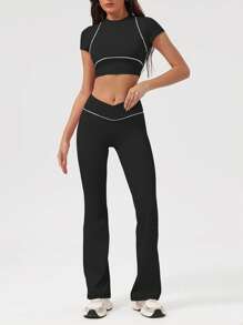Sodalemon Women Color Block Fitness Set Short Sleeve Yoga Training Crop T-Shirt V-Cross Lift Buttocks Casual Flare Pants 2 Pcs Sport Set