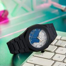 1 pieza Reloj de pulsera de cuarzo clásico y creativo para hombre, de estilo casual de negocios en azul, negro y rosa, con diseño de números arábigos y dibujos animados, adecuado para la oficina, deportes, cumpleaños, regalo para días festivos
